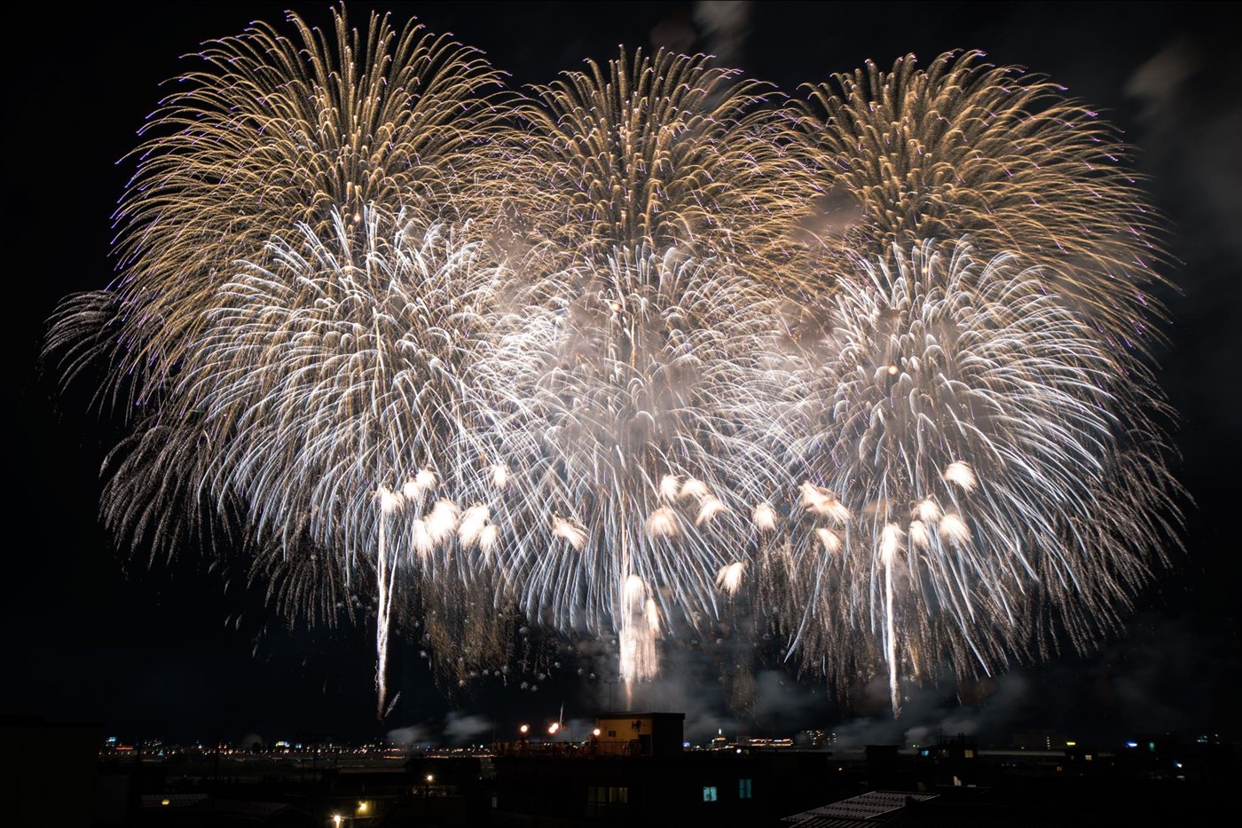 金色と白色の花火が長岡の夜空に大きく広がる様子