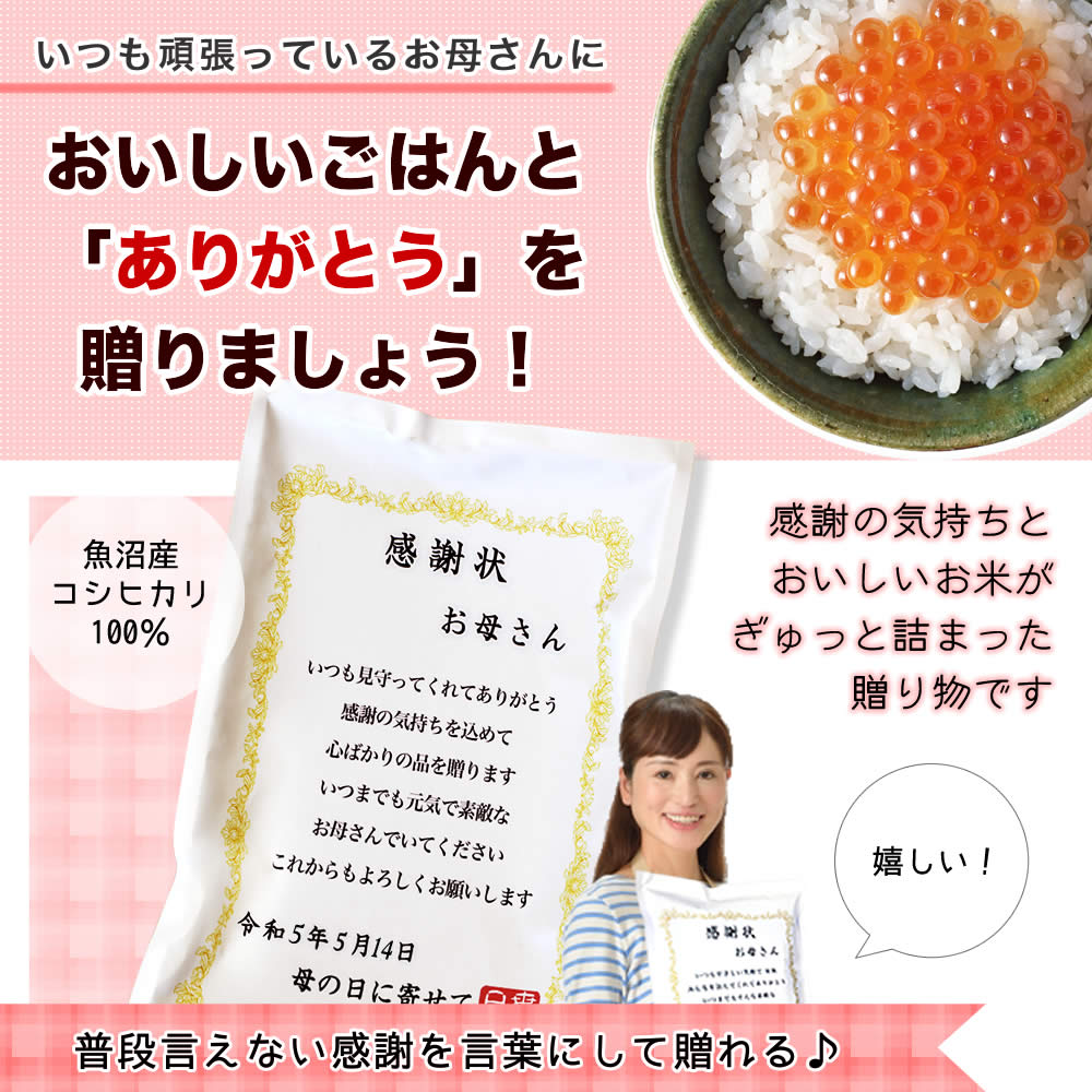 感謝状プリント【送料無料】（北海道・沖縄・九州を除く）　母の日ギフト　魚沼産コシヒカリ3kg